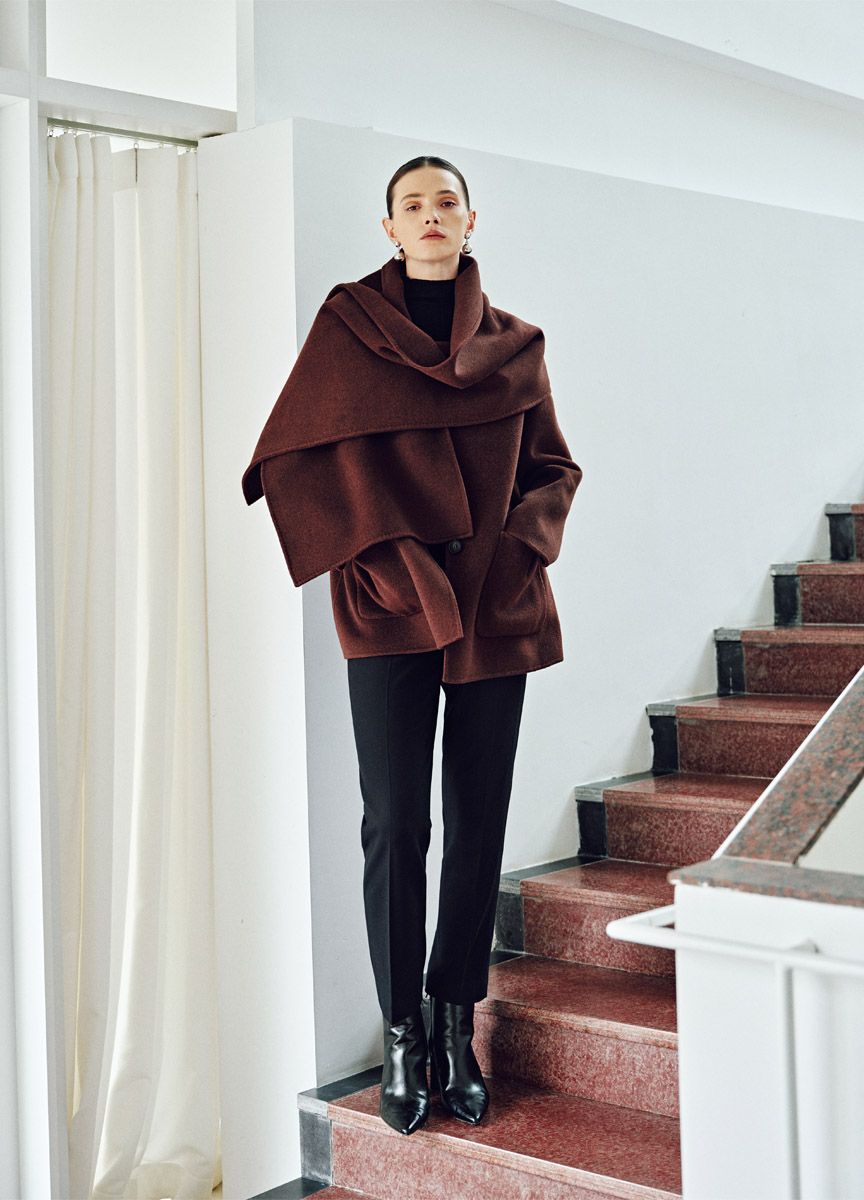 質感混羊絨無領口袋短大衣